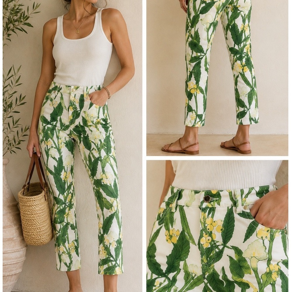 J.McLaughlin Lexi Straight Leg Floral Ankle Jean Mid Rise White Green Yellow 8